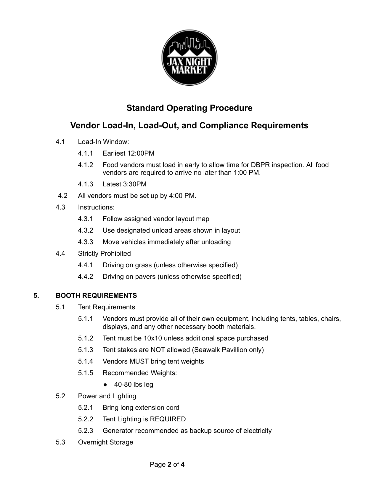 Jax Night Market Vendor SOP — page 2